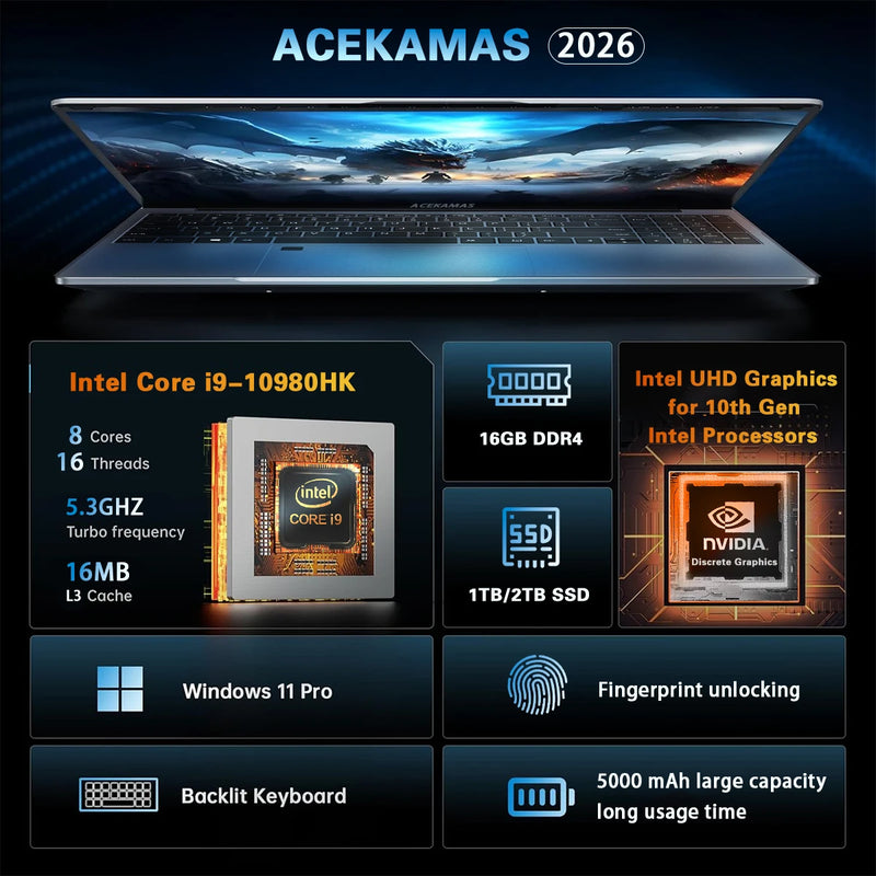 2026 Windows 11 Pro 15.6' Laptop Intel Core I9 10980HK 16GB RAM 1TB 2TB SSD Office Gamer Laptops Fingerprint UnIock Notebook PC