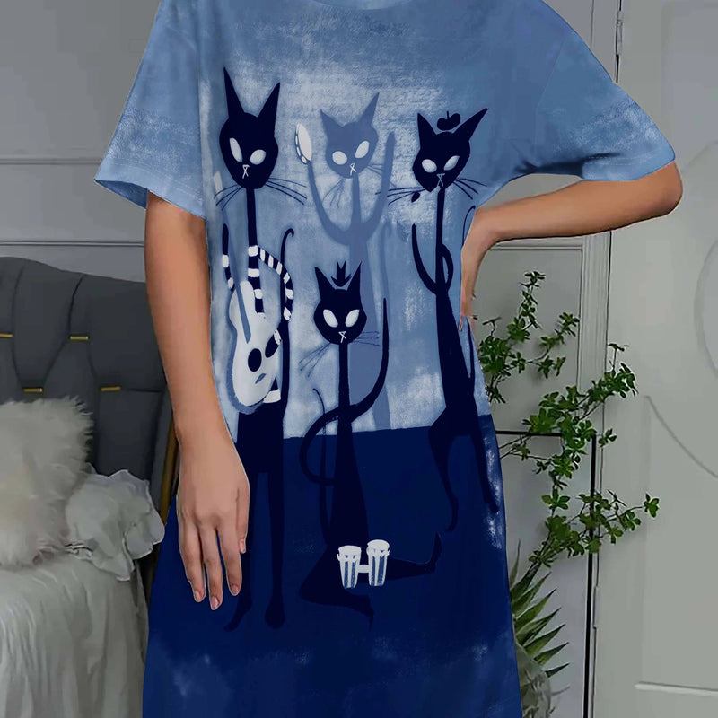 Little Cat in a Crown' Printed Long T-Shirt Short-Sleeved | SAMAG