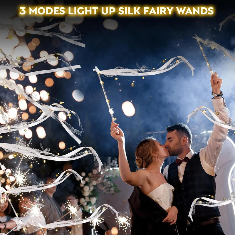 12-60Pcs Light Up Wedding Sparklers LED Wedding Wands Streamers Silk Fairy Wands with Bells  for Wedding Birthday Party Supplies