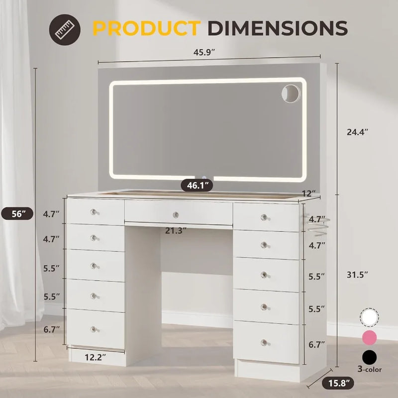 White Makeup Vanity with 11 Drawers and Glass Top Adjustable Brightness Lighting Mirror for Bedroom 3 Lighting Modes Makeup Des