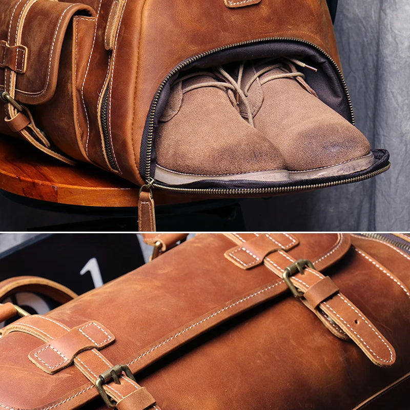 MUNUKI Vintage Crazy Horse Genuine Leather Travel bag  Large Luggage bag men Leather duffle bag Large Weekend Bag Tote Big