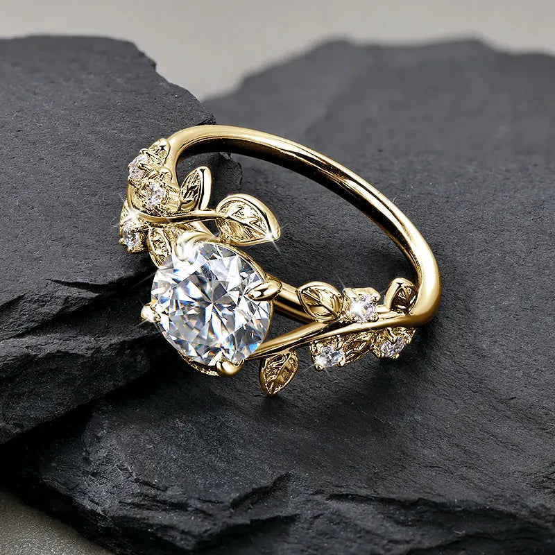 Lnngy Round Cut 8mm Moissanite Engagement Ring for Women 14K Gold Filled Leaf Design Twist Shank Rings Exquisite Jewelry Gift