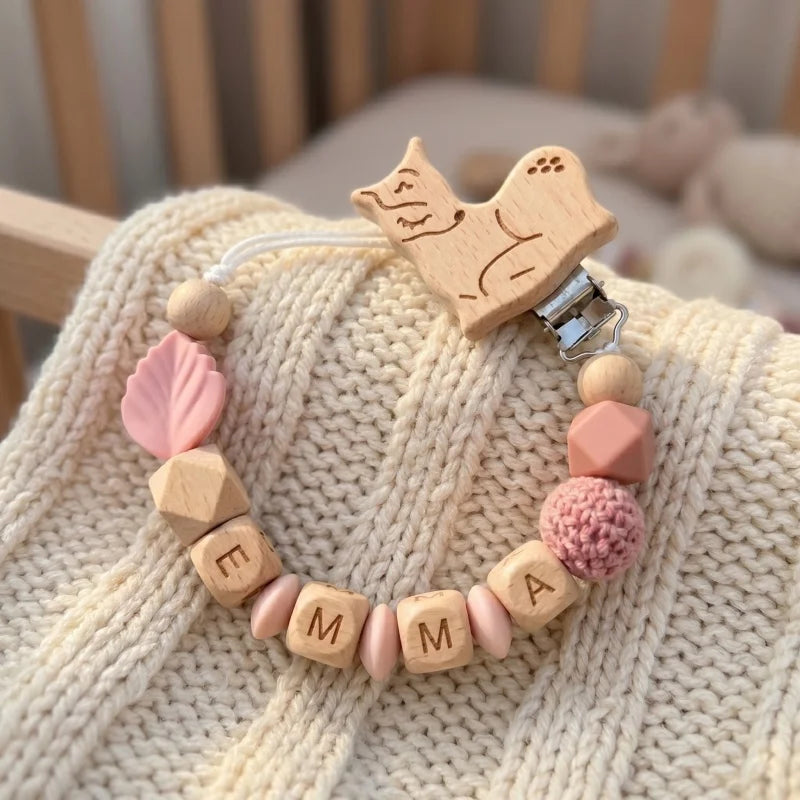 Personalized Name Pacifier Clip Silicone Wooden Dinosaur Baby Teether Holder BPA Free Custom Soother Chain Handmade Dummy Clip