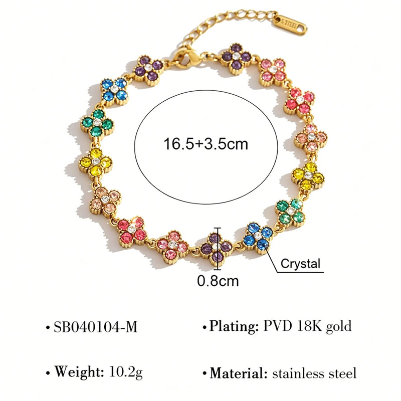 Stainless Steel Colorful Cubic Zirconia Flower Cover Bracelet Adjustable Four - Leaf Clover CZ Stone - Visuel 5 | SAMAG