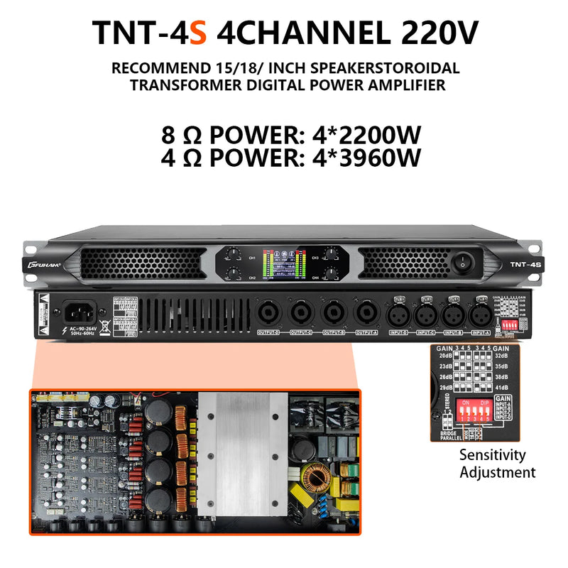 FUHAM TNT-2S/4S Class D Digital Power Amplifier 2200W 8Ω 2/4 Channel Professional Audio DJ Stage Subwoofer Line Array Speaker Am