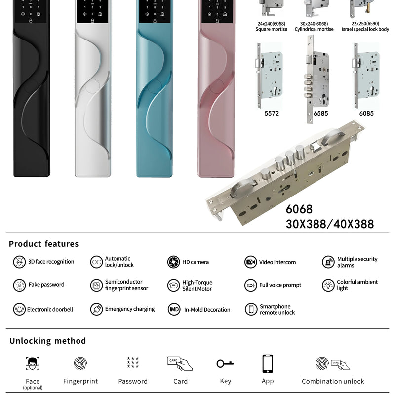 2026 Tuya Wifi Palm Face Recognition Smart Lock Video Monitoring Intercom Smart Door Lock Compatible with Israeli Mortise