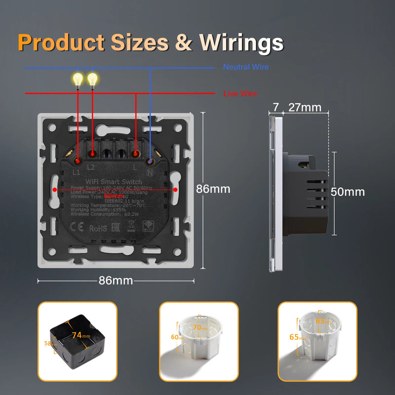 BSEED WIFI Light Switch 1/2/3/4Gang 2Way Smart Click Button Switch Glass Panel White LED Indicator Tuya Smart Life Alexa Control