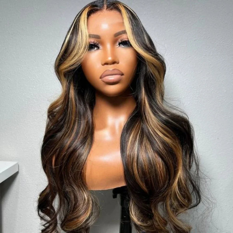 Red Black With Blonde Highlight 13X6 Lace Front Wig Body Wave Synthetic Glueless pre plucked With Baby Hair Lace Frontal Hair