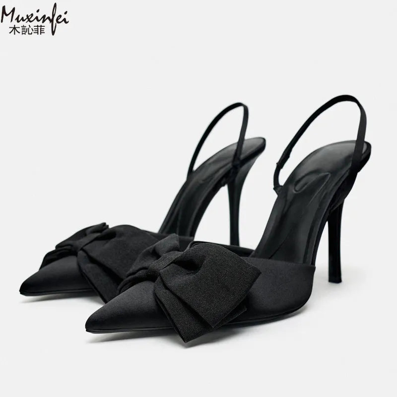 Spring 2026 Pointed Bow High Heels, Black Toe Sandals, Fashionable and Sexy Women's Shoes, Slim Heels