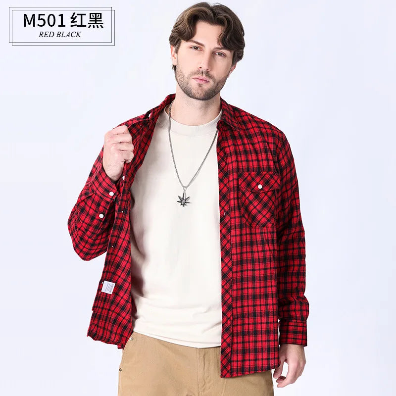American size men's long-sleeved shirt autumn and winter flannel coat plaid casual non-ironing large size with pockets