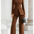 Elegant Women Solid Slim Two Piece Sets Spring Fashion Stand Collar Long Sleeved Blazer+Pants Suit Casual Work Office Coat Set