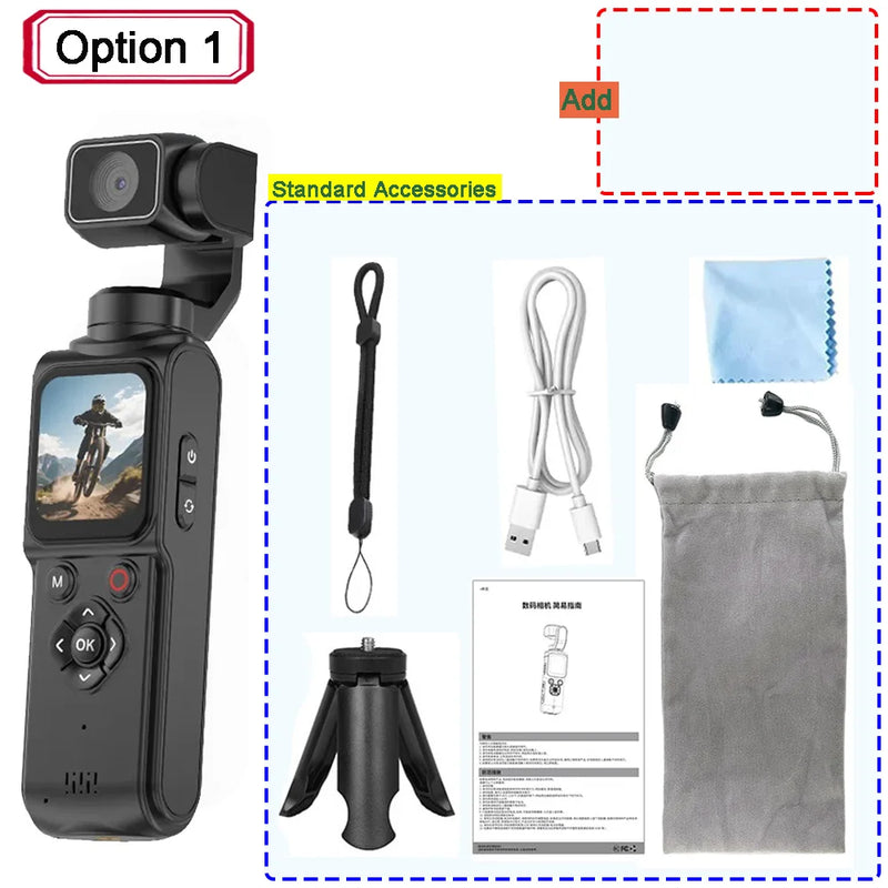 4K Ultra HD Pocket Gimbal Stabilizer Action Camera 330° Face Tracking 18x Zoom 1.72" Touch Screen Wi-Fi Vlog Portable Sports Cam