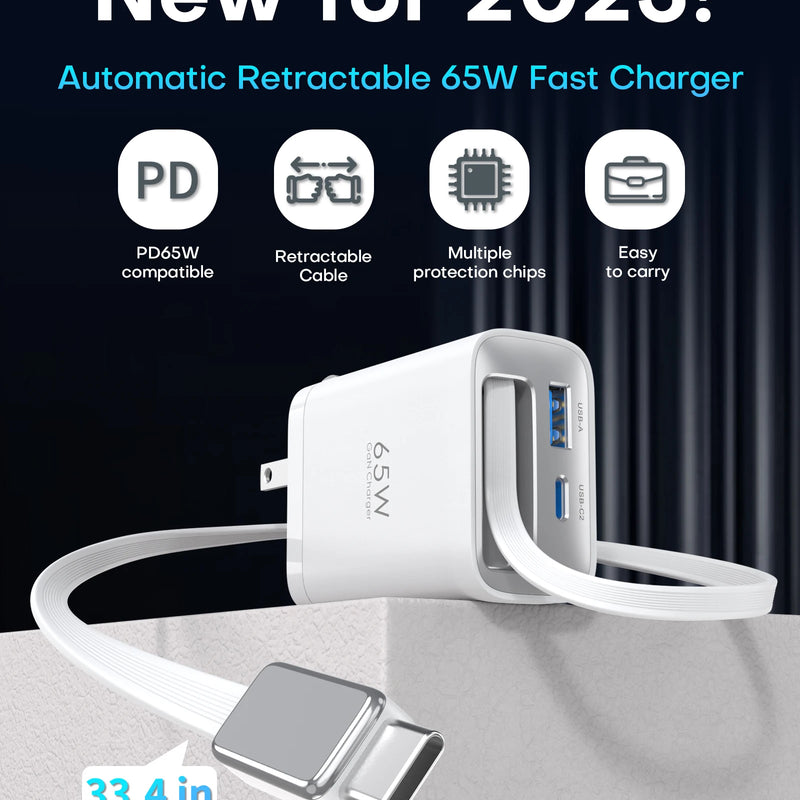 65W GaN Wall Charger with Retractable USB-C Cable, Dual-Port PD 3.0 & QC 4+ / 4.0 Fast Charging for iPhone, Galaxy, Pixel, iPad, Tablets, Nintendo Switch, AirPods