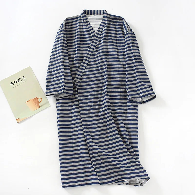 2026 New Men's 100% Cotton Gauze Bath Robes Loose Thin Japanese Kimono Pajamas for Men Casual Lace Up Bathrobes V-Neck Nightgown
