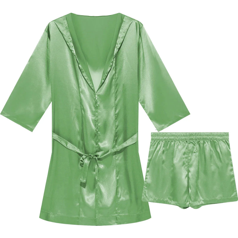 Mens Hooded Bathrobe Shorts Set Pajamas Night Robe Dress Gown Male Silk Satin Nightgown Kimono Bathrobe Sleepwear House Robe Men