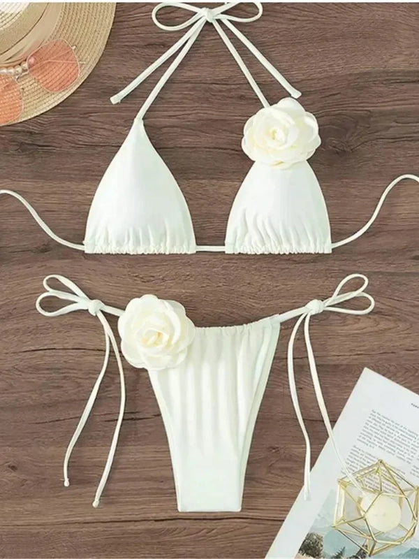 Sexy Flower Bandeau Swimwear Thong Bikini Women Lace-up | SAMAG