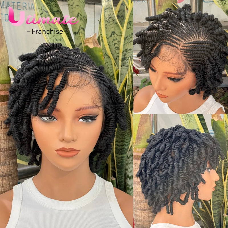 350# Bantu Braided Wigs Synthetic Full Lace Short Cornrow Braided Wigs Handmade Twist Wig with Baby Hair for Black Women