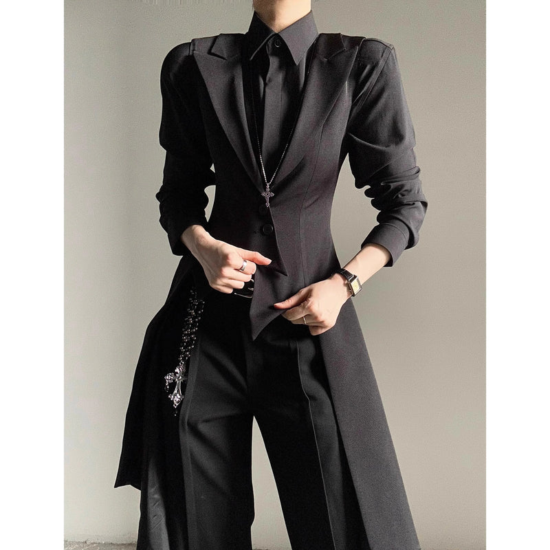 Black Suit Jacket Long Waist-Cinching Men's Vest Youthful Style V-Neck Single-Button Closure Pure Color Trendy Autumn Wear