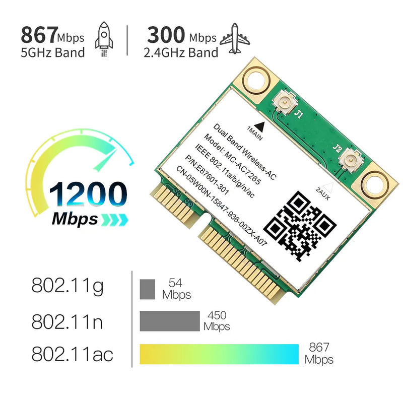 Wifi 5 1200Mbps Bluetooth 4.2 Half Mini PCI - E Card MC - AC7265 Wireless802.11ac 2.4G 5Ghz For Laptop Win - Visuel 2 | SAMAG
