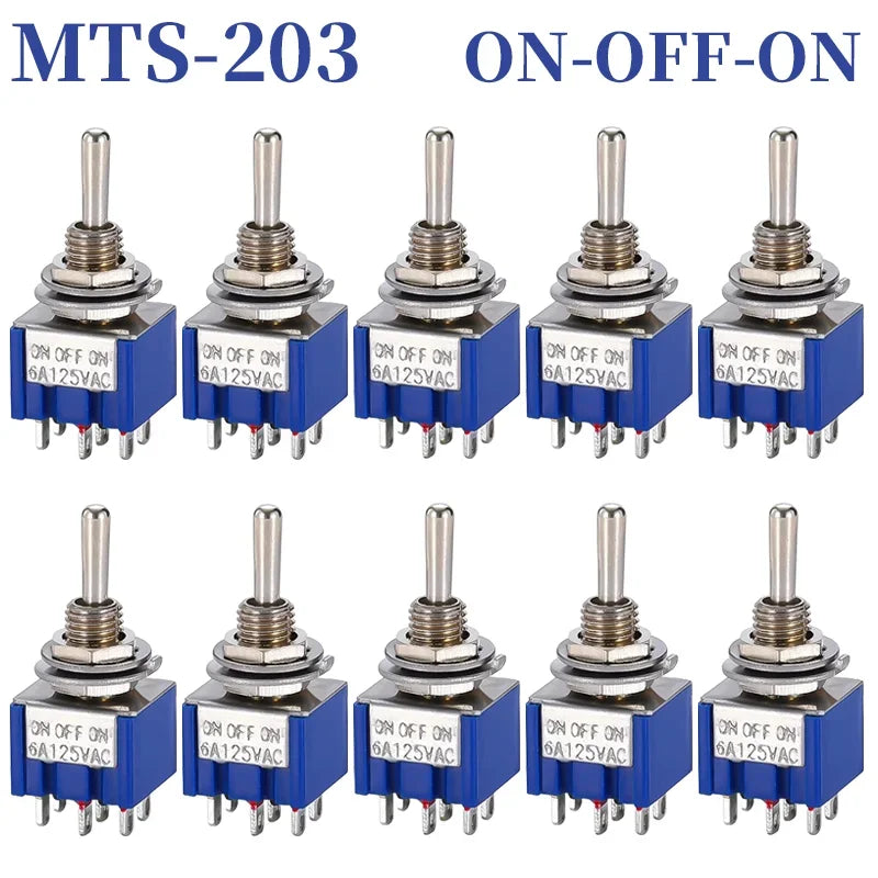 10PCS MTS-102 103 202 203 3Pins 6 Pins Mini Toggle Switch For Switching Lamp Light ON-OFF-ON /ON-ON Switch 6A 125VAC