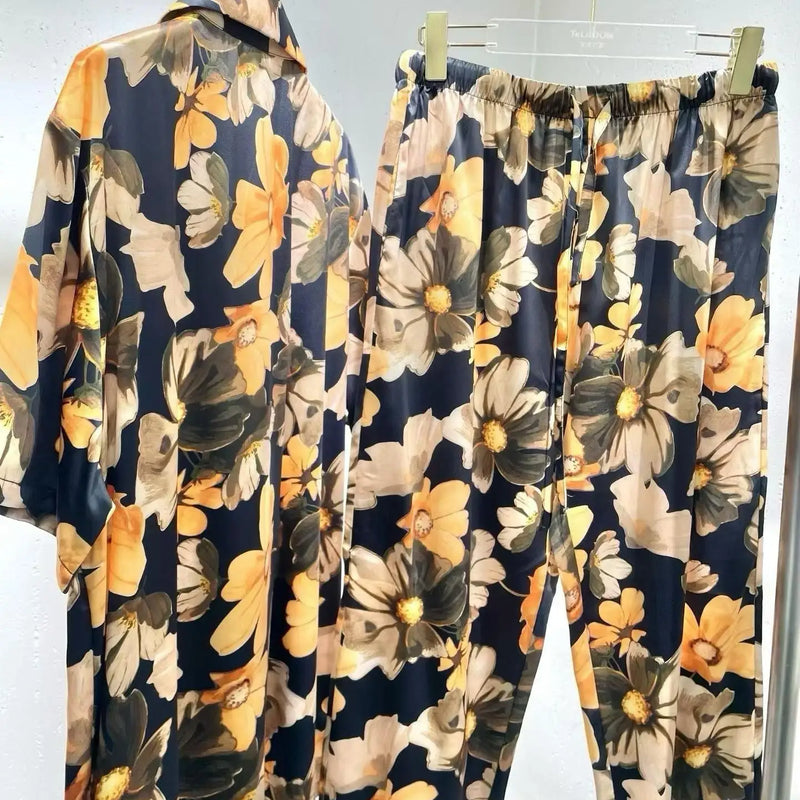 Men's Summer Ice Silk Hawaiian Floral Button-Up Short Sleeve Shirt Elastic Waistband Long Pants Comfy 2 Piece Set for Beach Suit