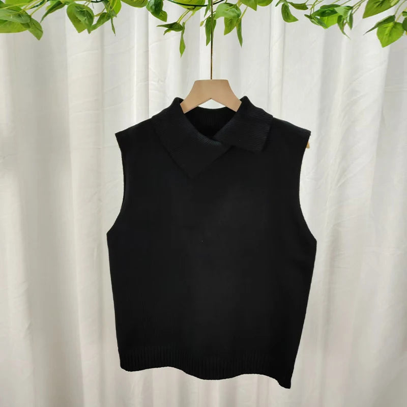 Autumn Winter Korean Solid Color Lapel Sleeveless Versatile Casual Knitted Vest For Women