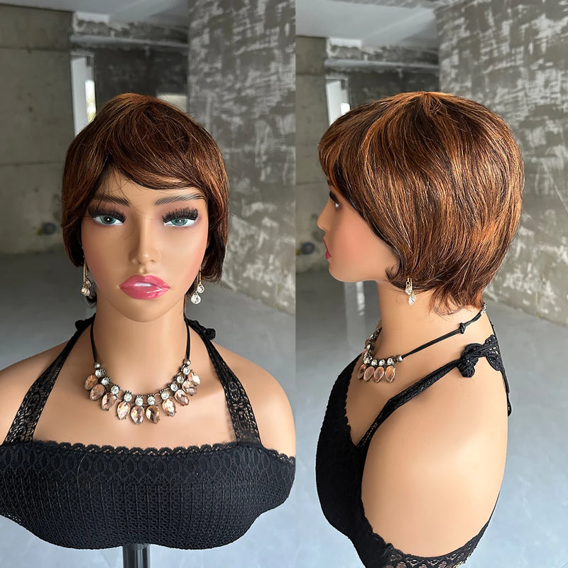 Straight Short Pixie Cut Wigs With Bangs For Women Ombre Brown Red Brazilian Human Hair Wigs Full Machine Made Wigs