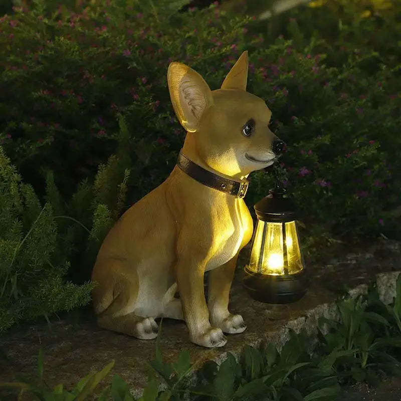 Solar Powered Chihuahua Statue Outdoor Garden Decor with LED Lights Automatic Night Light Dog Figurine for Yard Patio Pathway
