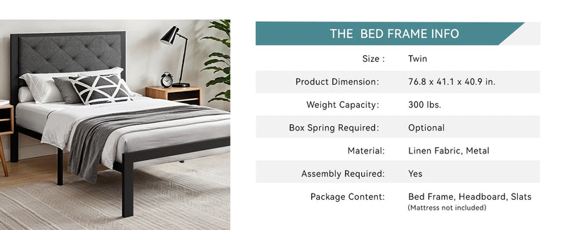 HOOMIC Metal Bed Frame with Upholstered Finely Stitched Headboard, Linen Fabric, Sturdy Foundation, No Box Spring Needed