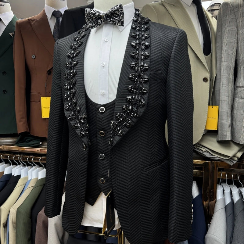 Gorgeous Sparkly Beaded Men's Suit Set 3 Pieces Banquet Party Wear,Black Jacquard Slim Fit Suits For Men Wedding Groom Sets