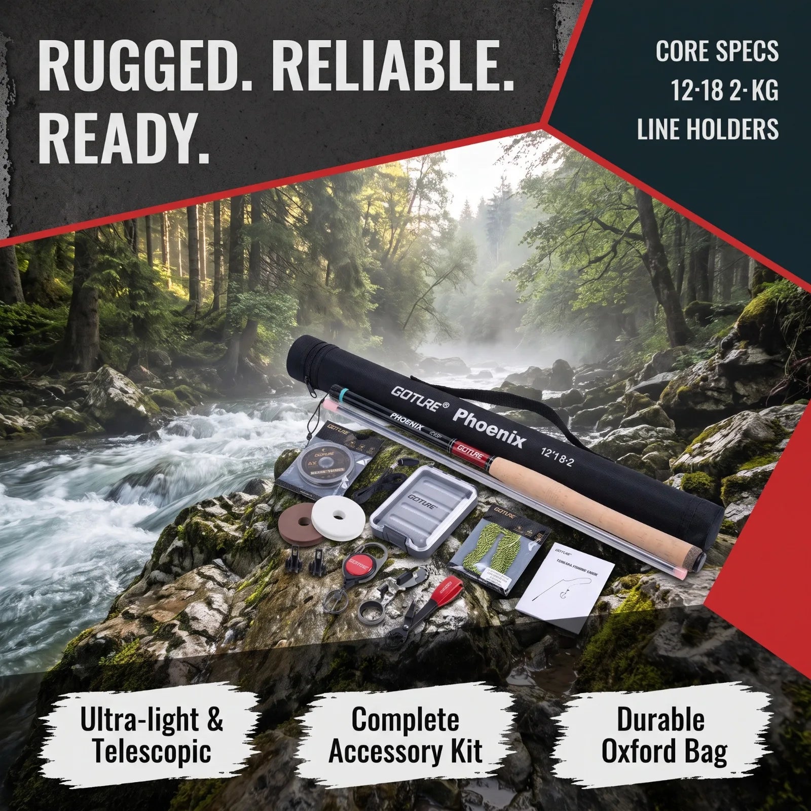 Goture Fly Fishing Rod Combo Ultralight Tenkara Rod with Flies, Tippet, Line, Tackle Backpack Full Set for Trout Stream Fishing