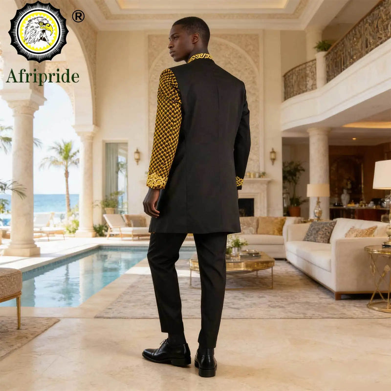 African Suits for Men Embroidery Print Blazer and Pants Set Business Dress with Kerchief Party Wedding - View 4 | SAMAG