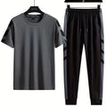 Summer men's new striped printed men's polyester breathable round neck T-shirt and pants set outdoor casual wear