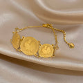Vintage Gold Plated Stainless Steel Coins Wrist Bracelet for Women Men Classic Ethnic Cuff Bracelets Waterproof Jewelry