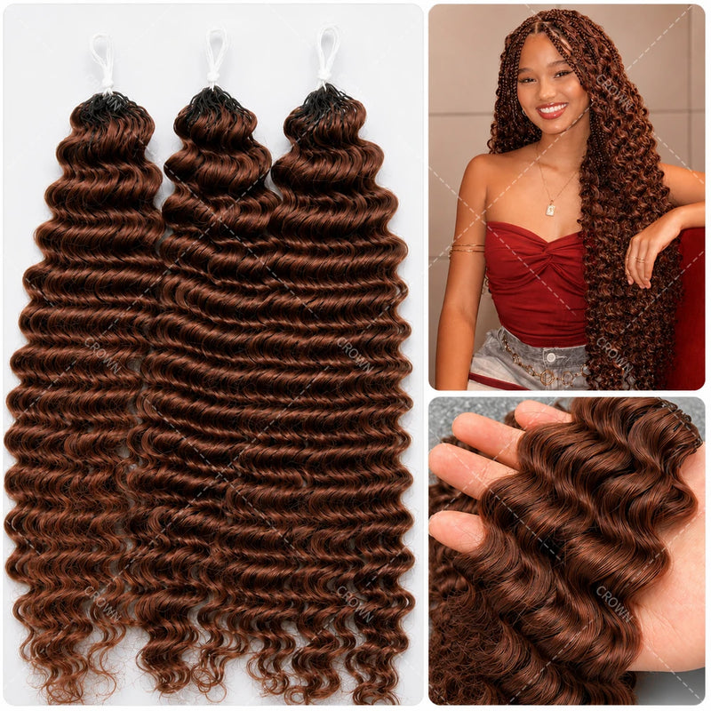 Brown Deep Wave Crochet Human Hair Extensions Miracle Knots Feather Soft Braiding Hair for Black Women Pre Looped Lightweight Reusable Hair with Natural Shine Full Volume for Boho Braids and Protective Styles