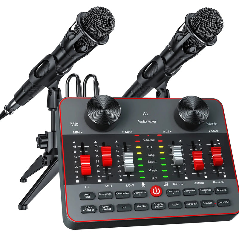 Tenlamp Podcast Equipment Bundle, All-in-One Audio Interface DJ Mixer with 2 Condenser Microphones, Recording Studio Kit Live Sound Card for Singing Broadcast, Live Streaming, Gaming for PC Smartphone Laptop Computer Vlog Rec