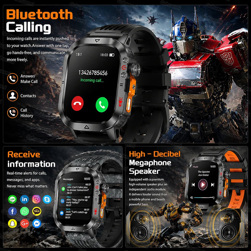 New Bumblebee Military Smart Watch 1000mAh Bluetooth Call LED Flashlight BP Monitor 100+Sports 5ATM Waterproof For iOS Android