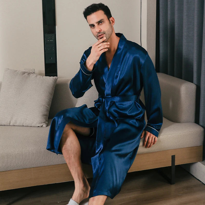 Pajama men's spring and autumn silk thin style oversized pajamas long sleeved bathrobes ice silk bathrobes home clothing summer