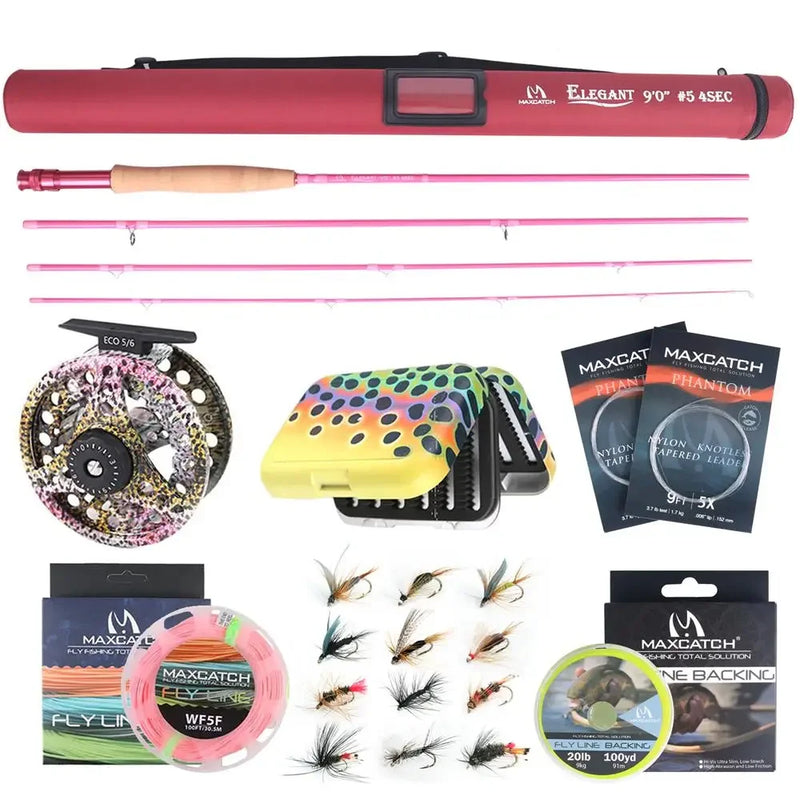Maxcatch Elegant Fly Fishing Rod Combo 6'6"/9' 2/5WT Fly Rod Reel Line Flies Lures Kit Storage Box Travel Fishing Set Trout Bass