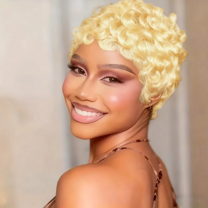 Brazilian Human Hair Wig Short Pixie Cut with Bang Loose curly Hair for Daily Wear Women Full Machine Wig