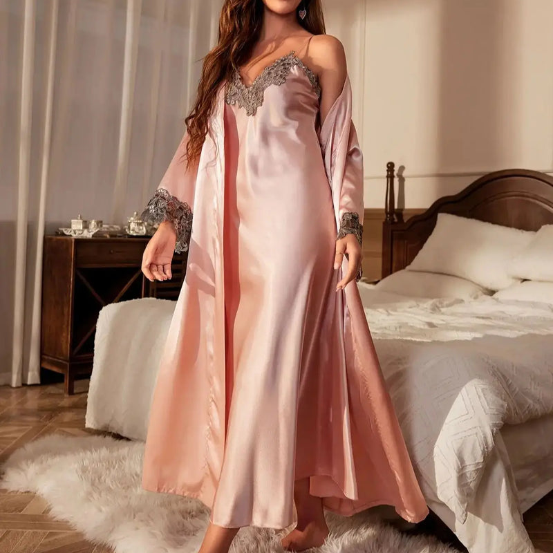 Contrast Lace Pajama Set Long Sleeve Robe With Belt V | SAMAG