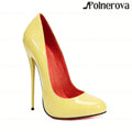 16cm Brown Patent PU Leather Pumps Sexy Style Sliop on Round Toe High Heels Ultimate Lacquered Heel Pumps Women's Daily Footwear