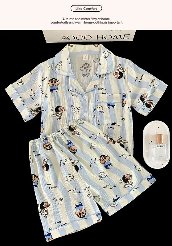 Shin-chan cartoon-patterned pajama set, a short-sleeved top and matching shorts, comfortable summer homewear