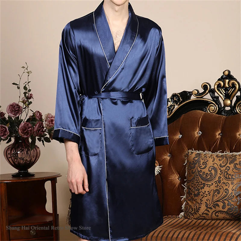 Men's Ice Silk Sleepwear Kimono Bathrobe Gown Long Robe Pajamas Two Piece Set Print Tiger Loose Casual Homewear Lounge Wear