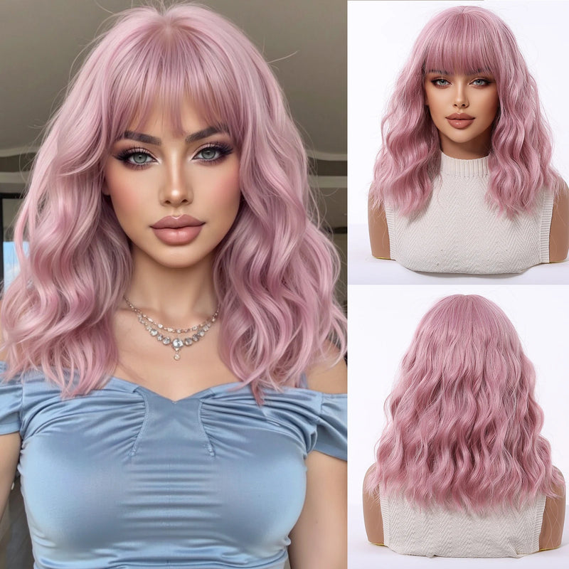 Short Silver Gray Curly Wavy Synthetic Wigs with Bangs for Women Grey Bob Cosplay Party Lolita Natural Hair Wig Heat Resistant