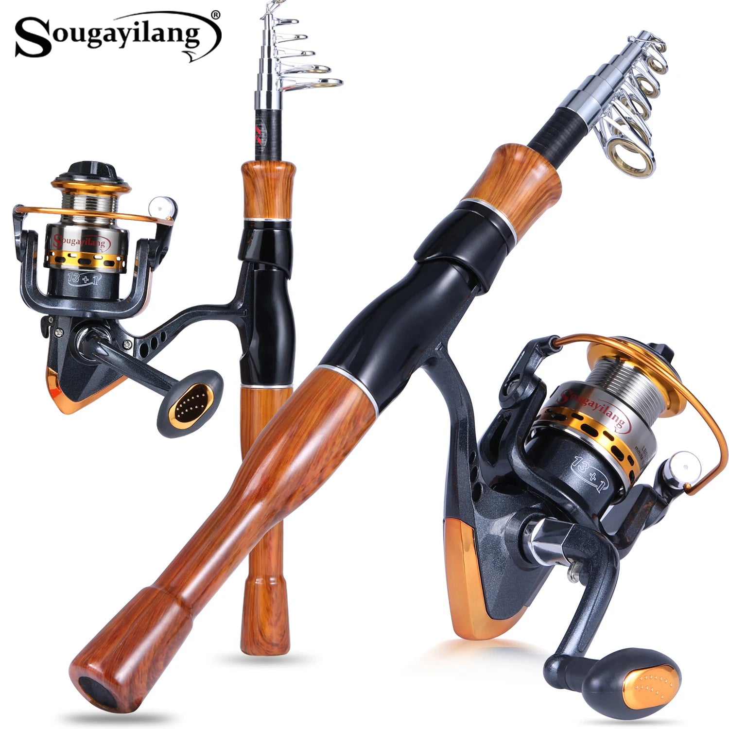 Sougayilang Fishing Rod Reel Combo High Sensitivity Fiberglass Telescopic Fishing Rod 5.5:1 Gear Ratio Spinning Reels Set Pesca