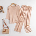 Women 100% Pure Mulberry Silk Charmeuse Silk V Neck Pajama Set Casual Loose Sleepwear Nightwear L XL SQ001