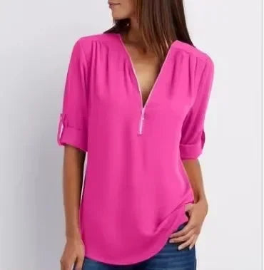 Women Cool Loose Shirt Deep V Neck Chiffon Fashion Blouse - View 2 | SAMAG