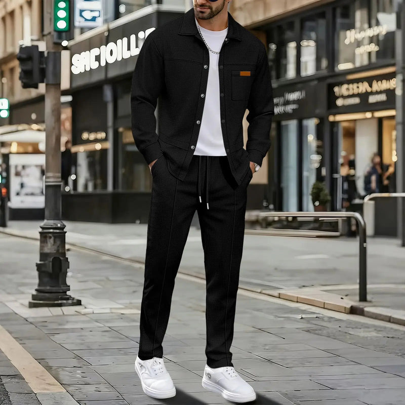 Men's New Style Waffle Plain Color Collar Button - Down Pockets Long - Sleeved Pants Casual Jacket Set - View 2 | SAMAG