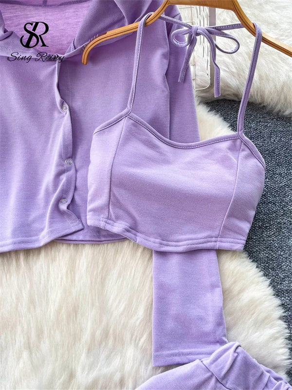 SINGREINY Ladies Fashion Sporty Suits Simple Hooded Cardigan+Halter Lingerie Top+Long Pants Korean Simple Slim Casual 3Pcs Sets